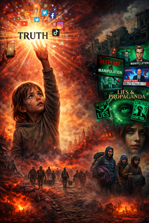 War image of tearful child reaching out for truth